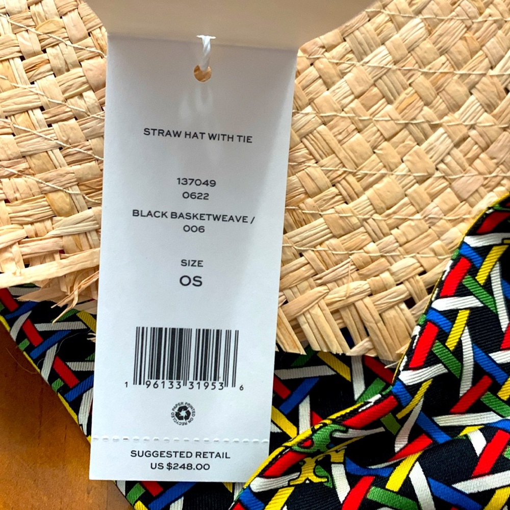 Tory Burch Straw Hat with Silk Tie in Black Basketweave Print - NWT, OS - Picture 5 of 6